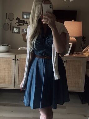 V neck Collar Sleeveless Denim Look Belted Dress